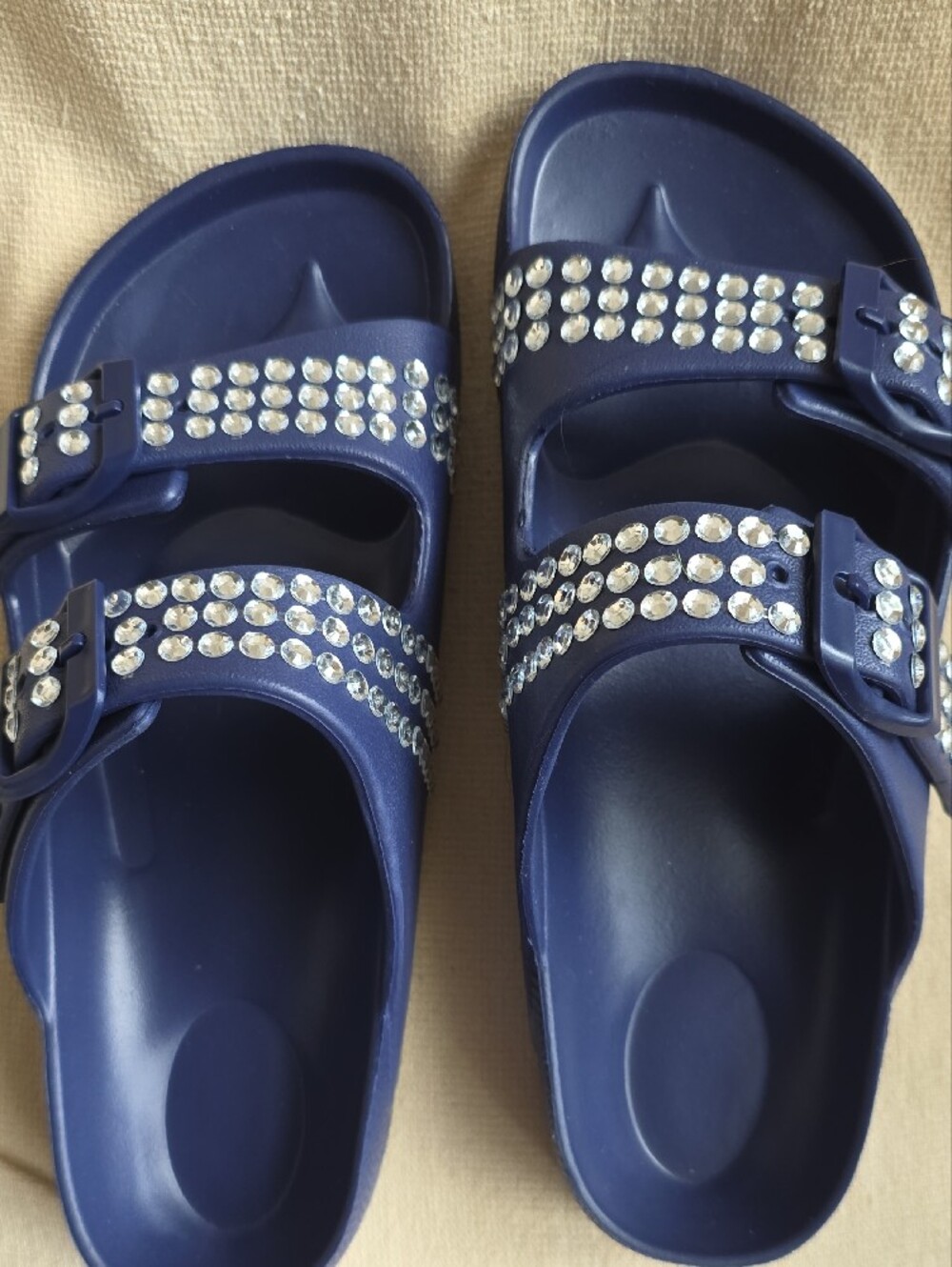 Navy Blue Rhinestone Double-Strap Slide Sandals - Picture 3 of 4